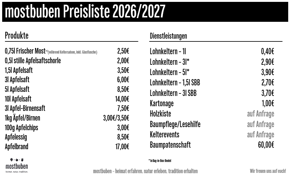 Preisliste 2026